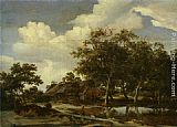 Stream Canvas Paintings - A wooded landscape with a figure crossing a bridge over a stream